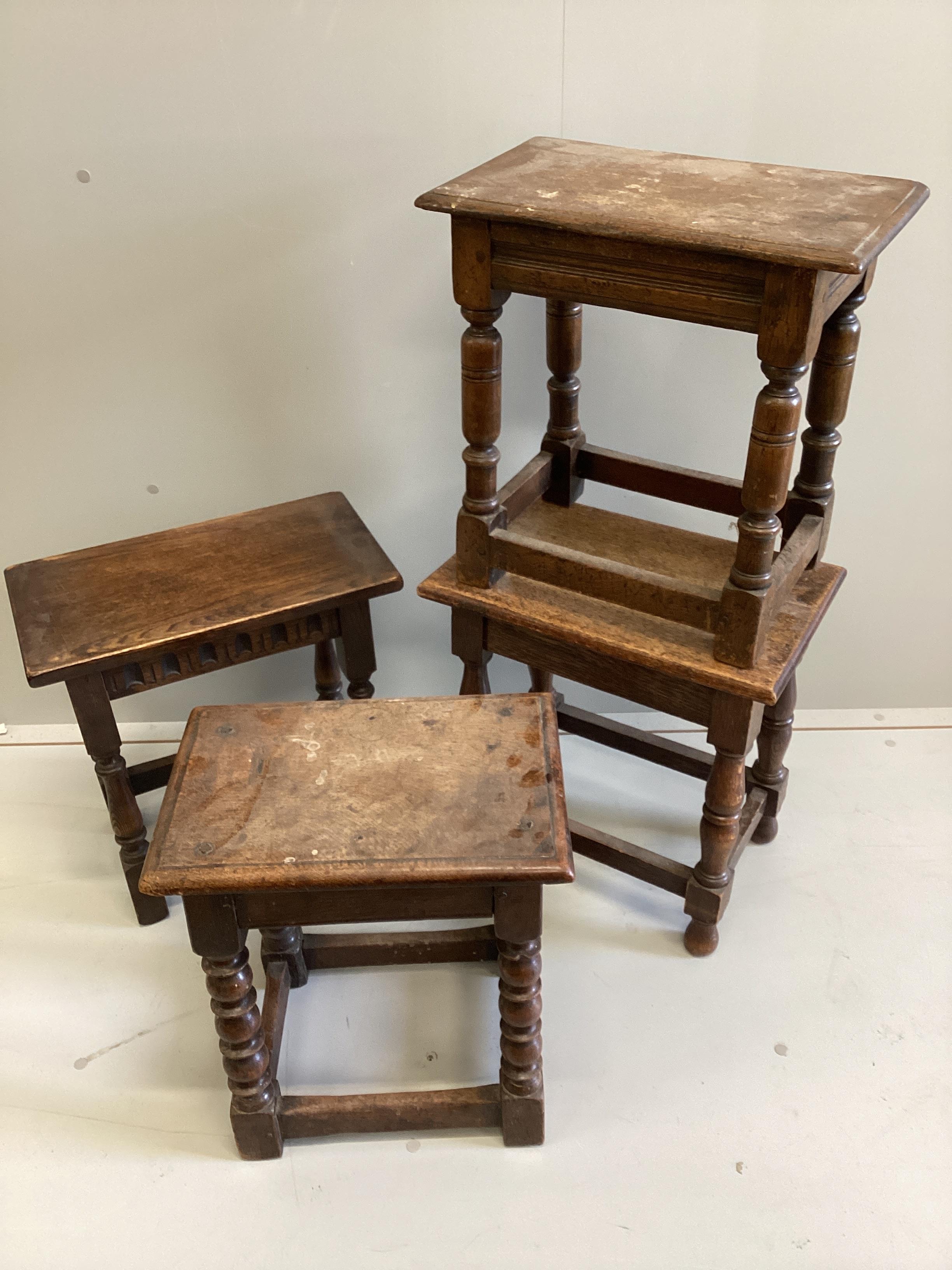 Four 18th century style rectangular oak joint stools, largest width 46cm, depth 25cm, height 47cm